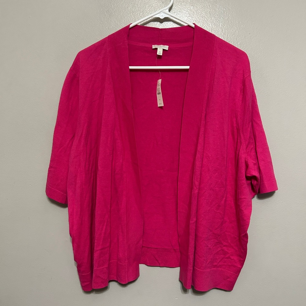 Talbots Womens Cardigan 3X Pink Cotton Open Front Short Sleeve Barbiecore Preppy